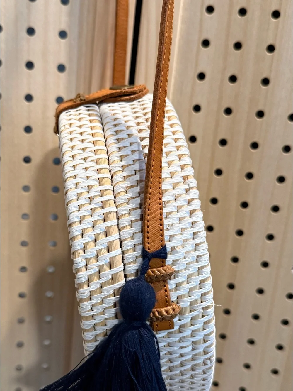 Women’s Round Woven Crossbody Bag — White with Tan Trim